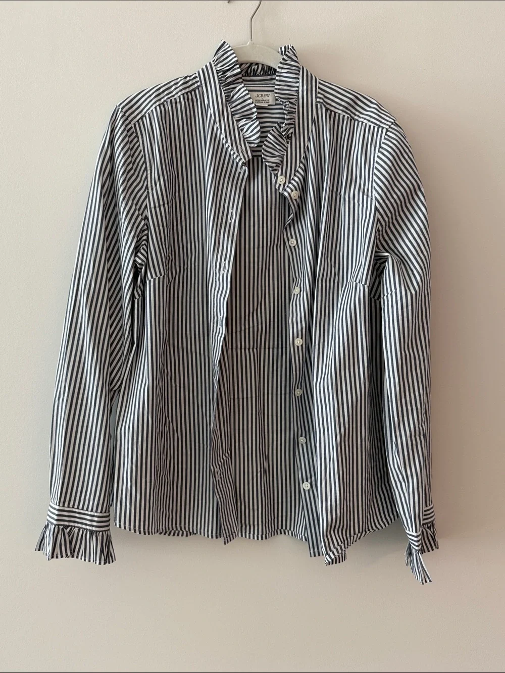 J. Crew Black & White Striped Ruffle-Collar Button-Down Shirt